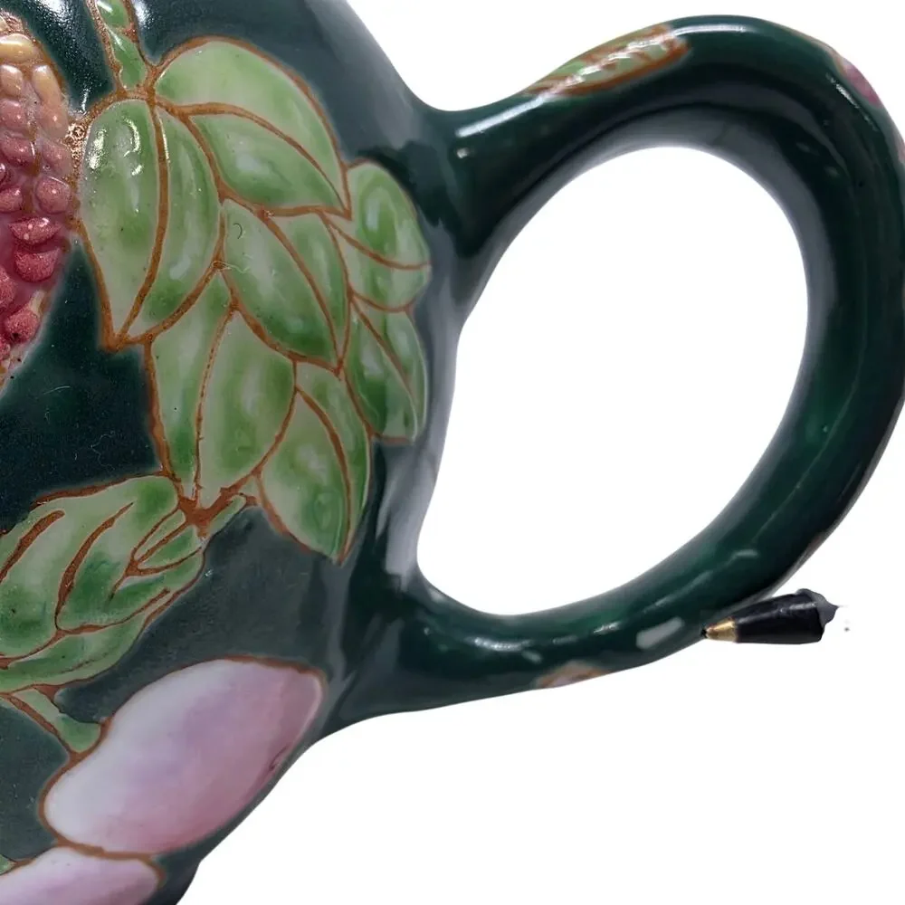 Vintage Ceramic Teapot Lamp Raised Fruit Green Chinoiserie Table Light